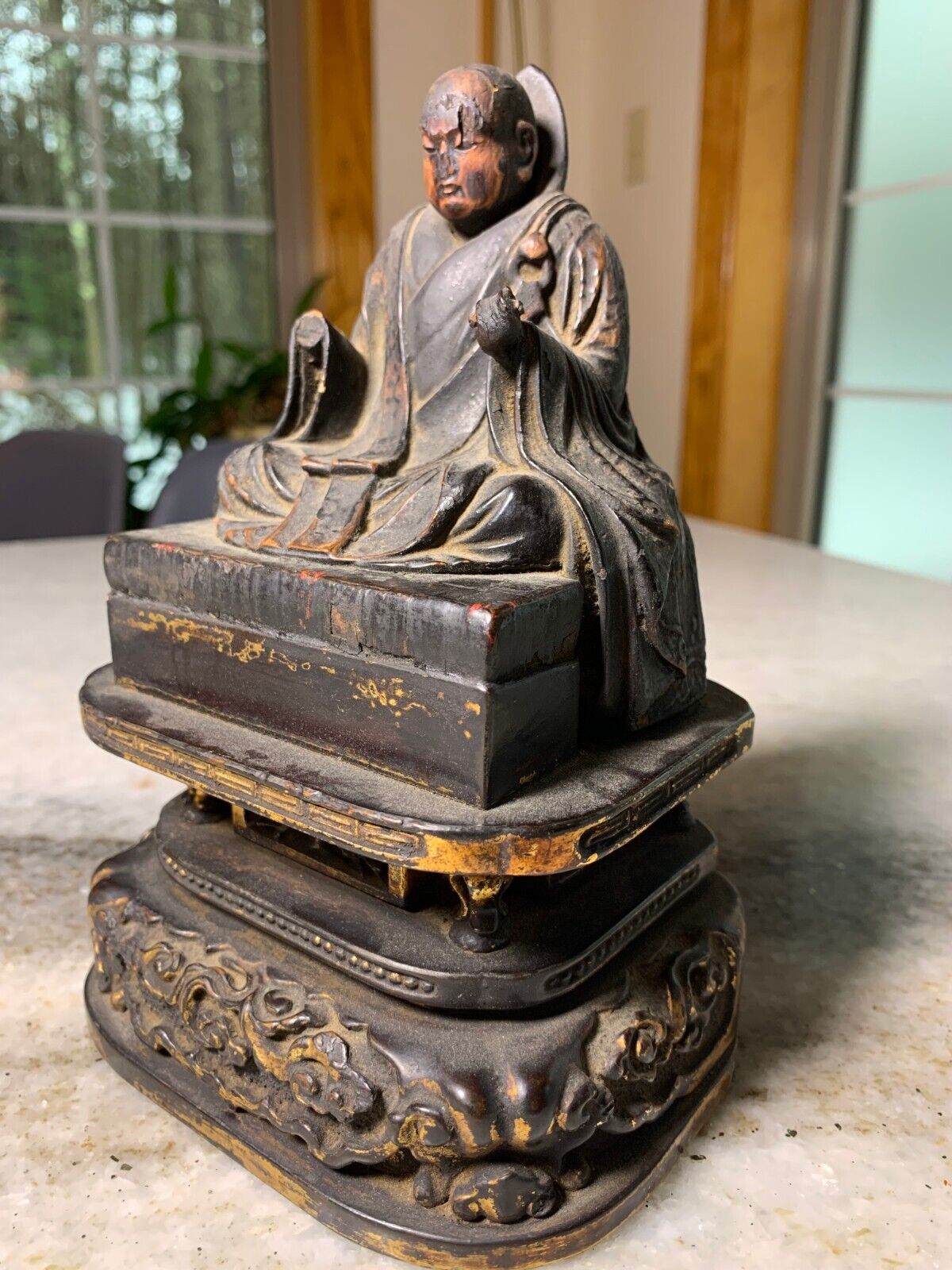 Vintage Japanese Wooden Buddha Nichiren Priest Sculpture