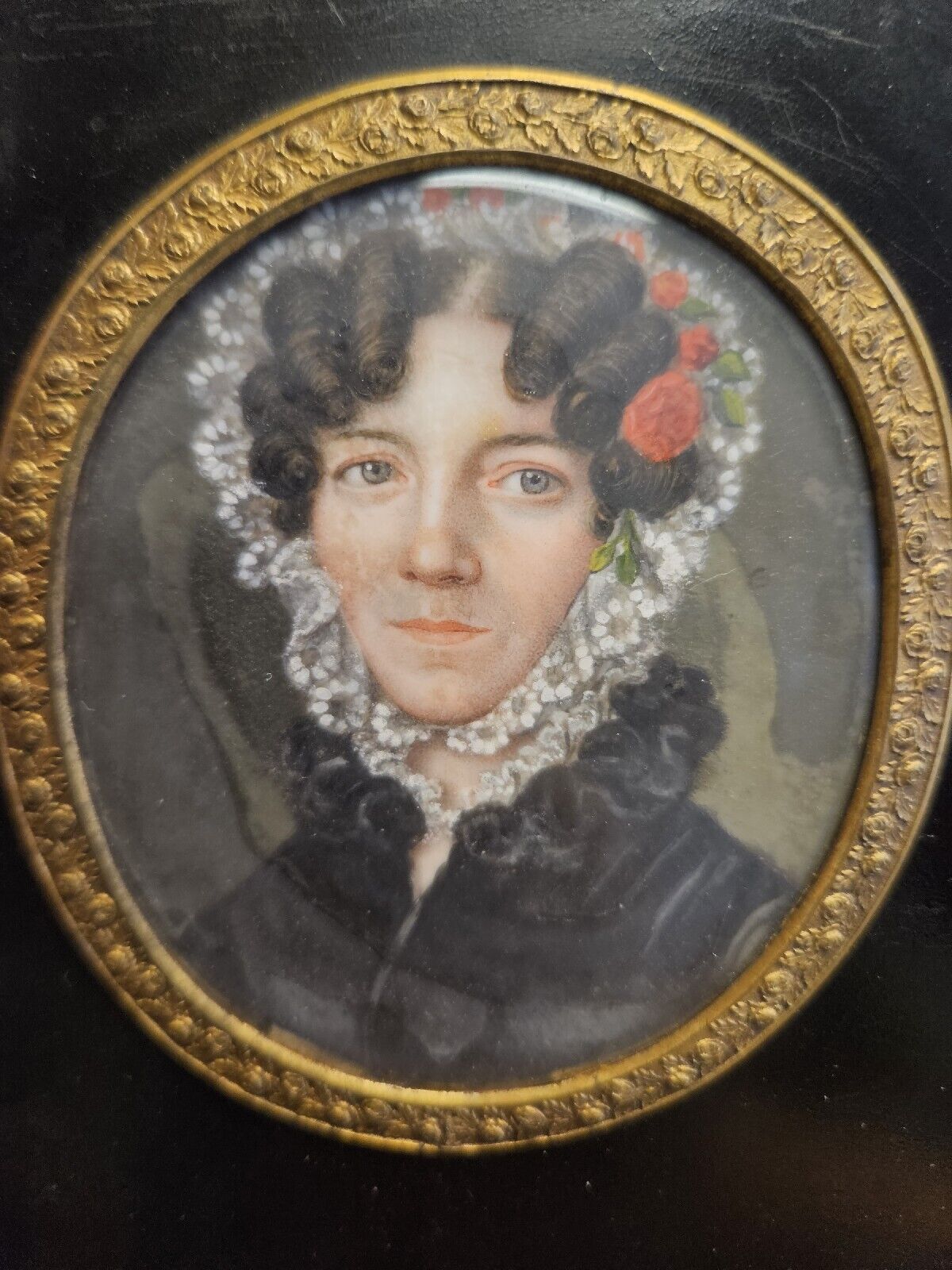 1800s Miniature Portrait Painting of Woman with Lace Veil