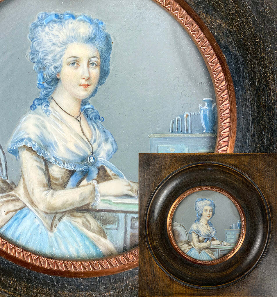 18th Century Antique Portrait Miniature of Woman at Desk