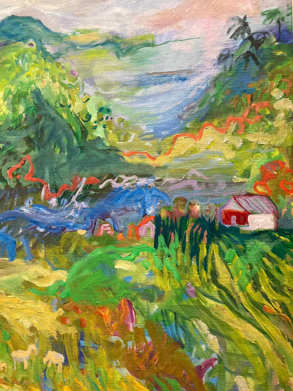 1800s oil painting: Impressionist landscape with sky, mountains