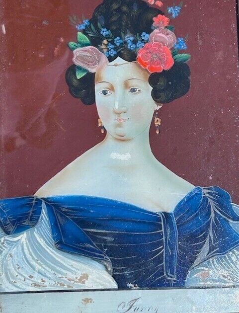 European Woman Reverse-Painting on Glass from the 1800s