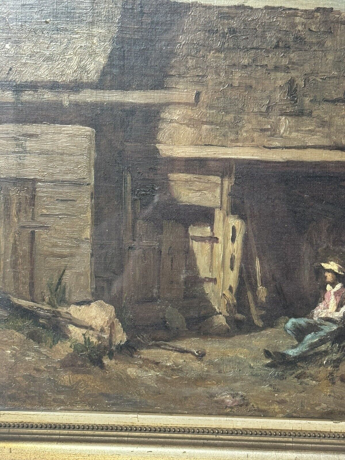 1800's Painting of Man Outside Barn by EW