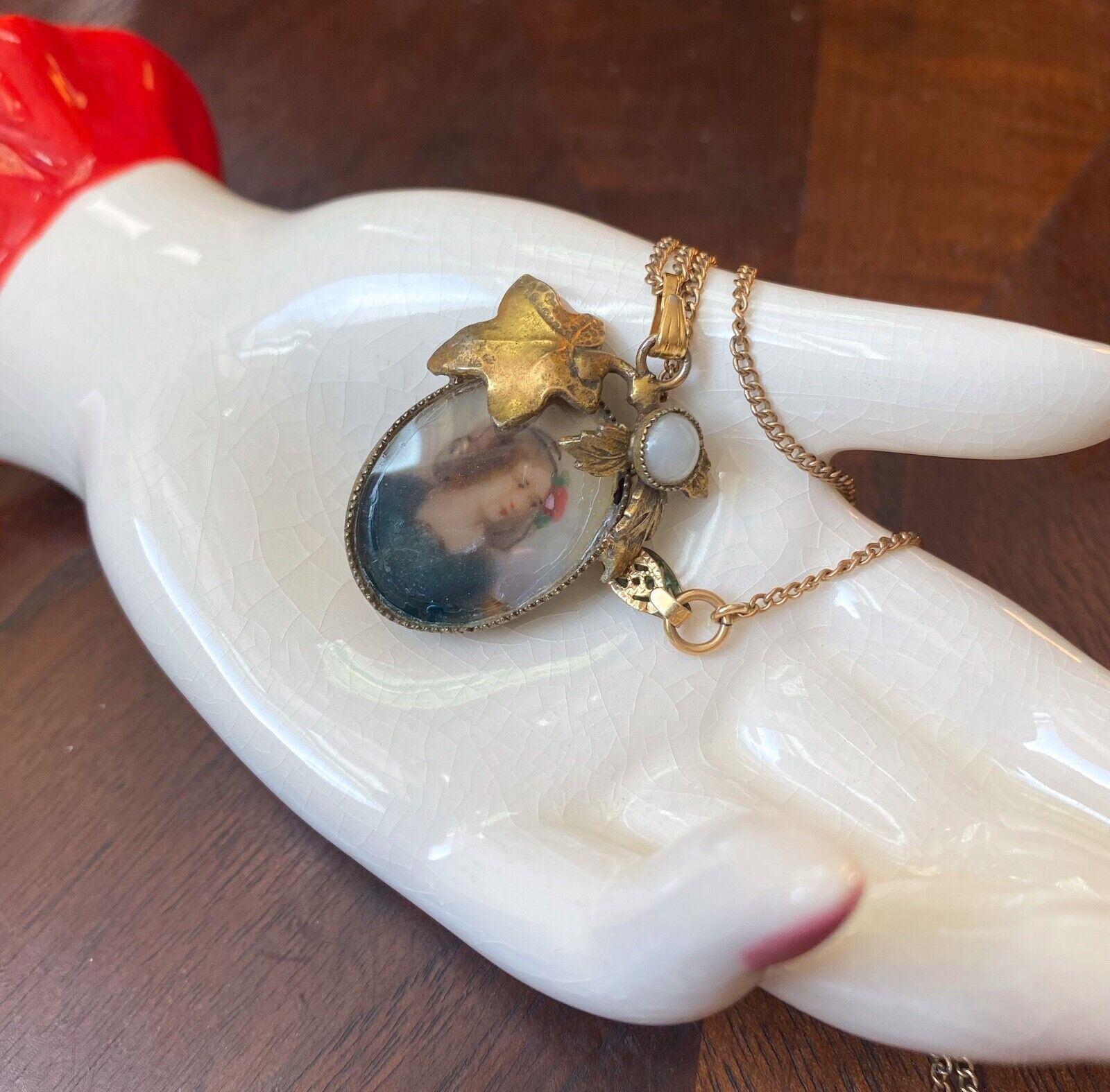 1900s Miniature Hand Painted Portrait Pendant Gold Necklace