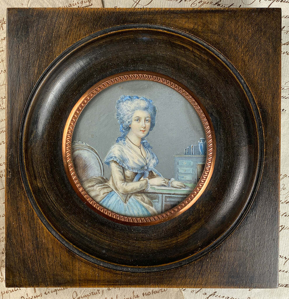 18th Century Antique Portrait Miniature of Woman at Desk