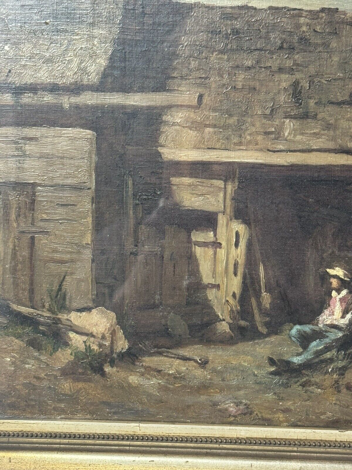 1800's Painting of Man Outside Barn by EW