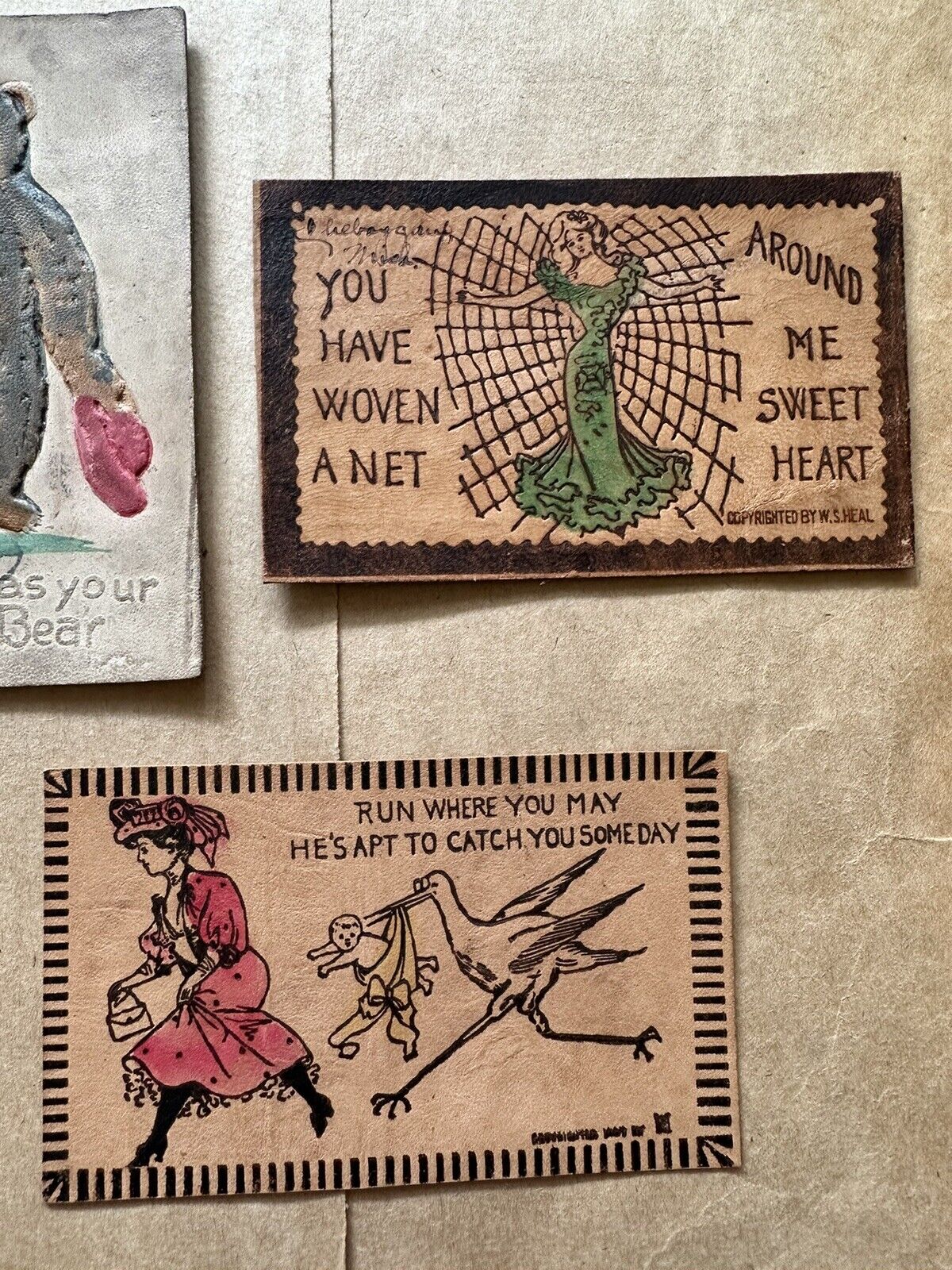 1900s embossed painted leather postcards collection 9 pcs