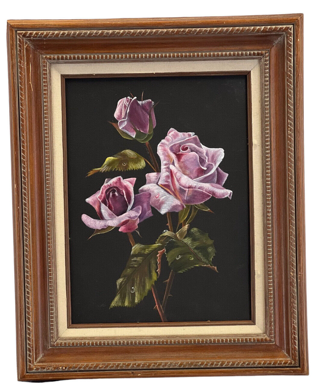 Antique Acrylic Framed Purple Roses 13”x 17” Wood