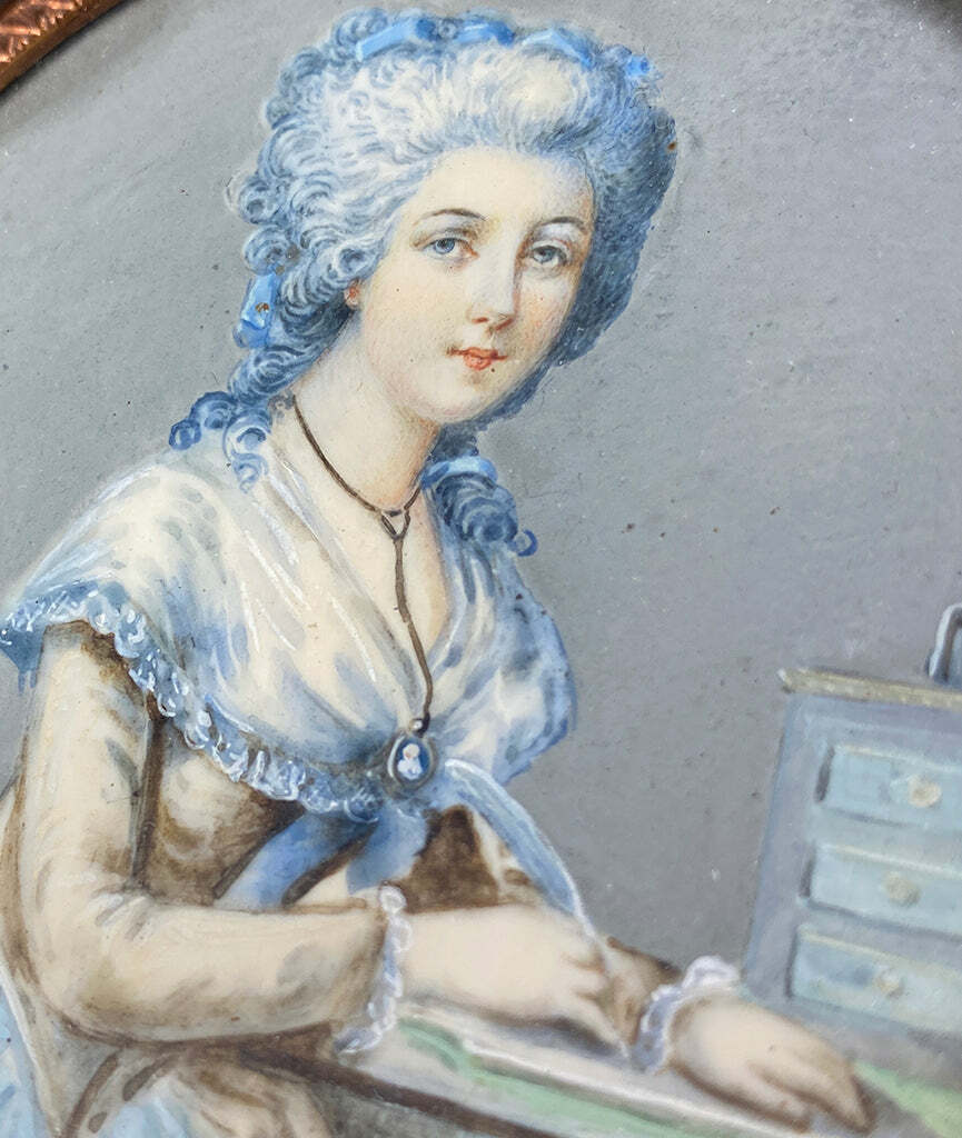 18th Century Antique Portrait Miniature of Woman at Desk