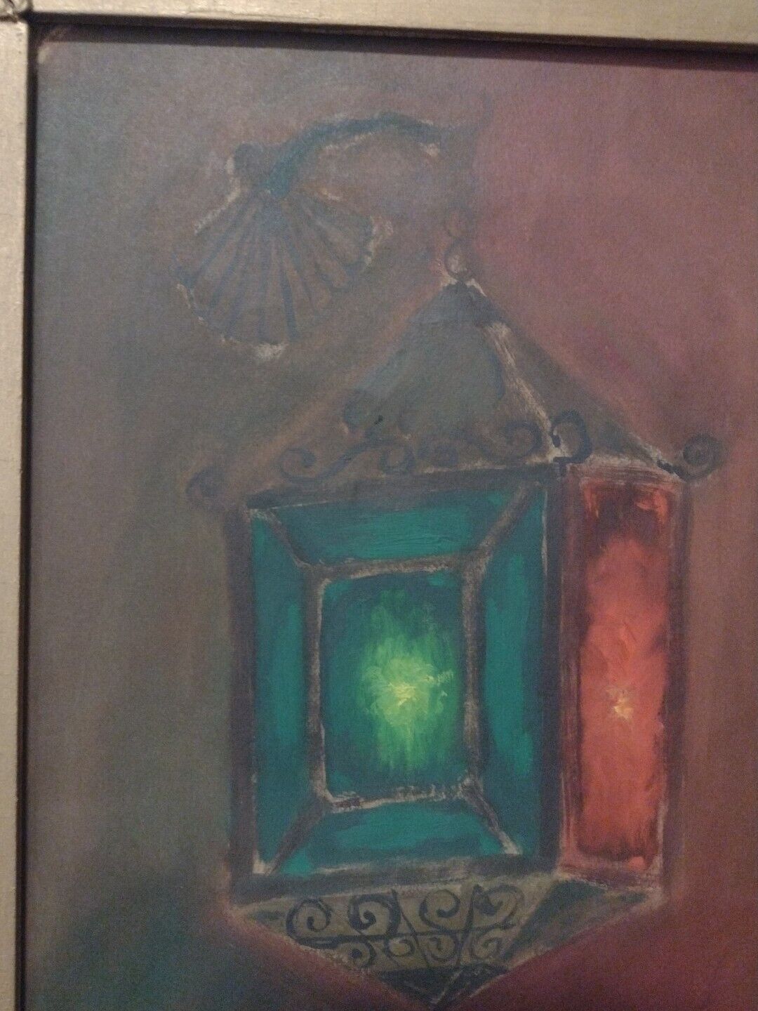 1900's Oil Painting of Stained Glass Lantern in Antique Frame