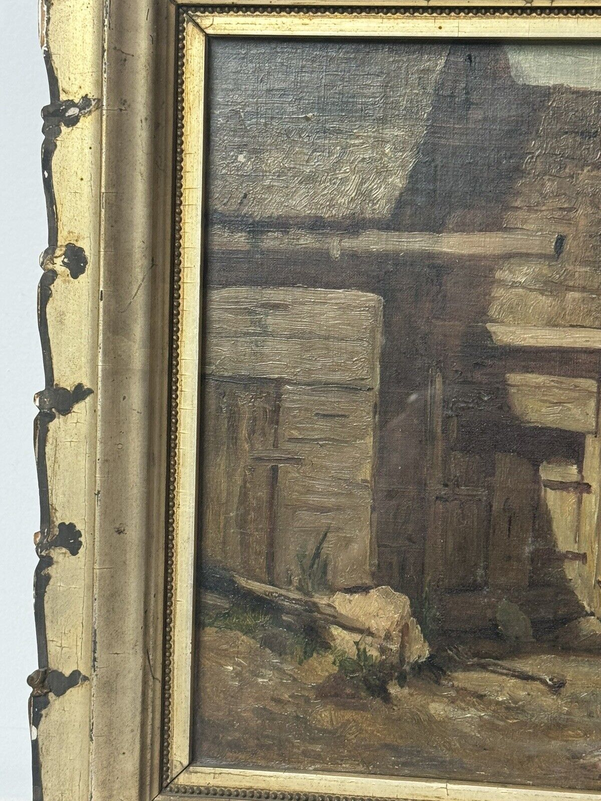 1800's Painting of Man Outside Barn by EW