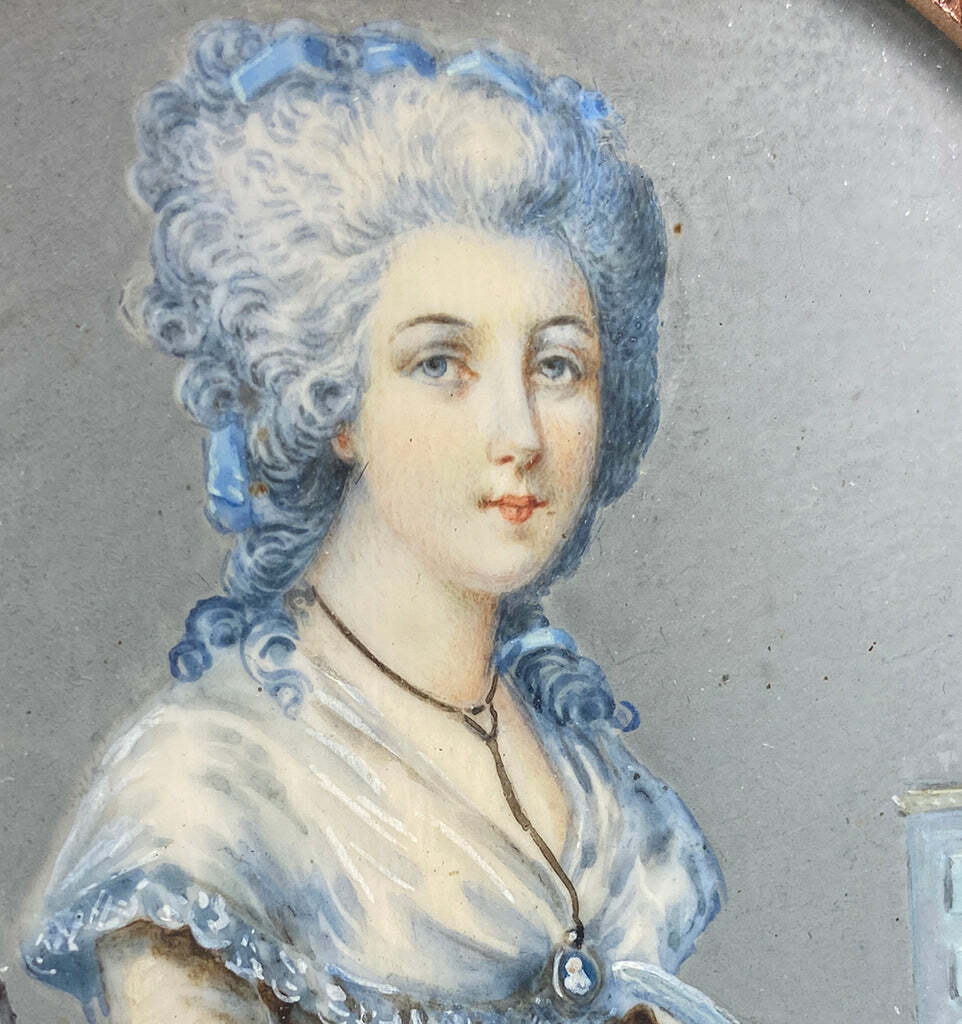 18th Century Antique Portrait Miniature of Woman at Desk