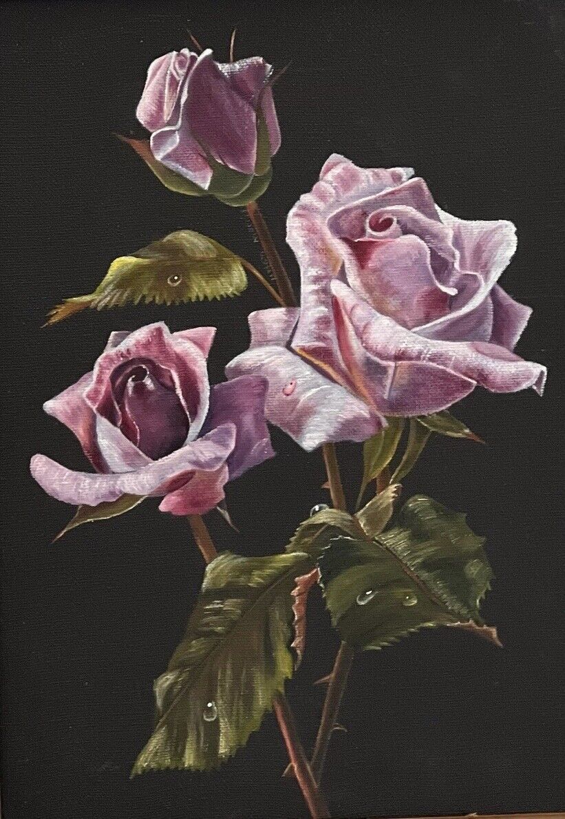 Antique Acrylic Framed Purple Roses 13”x 17” Wood