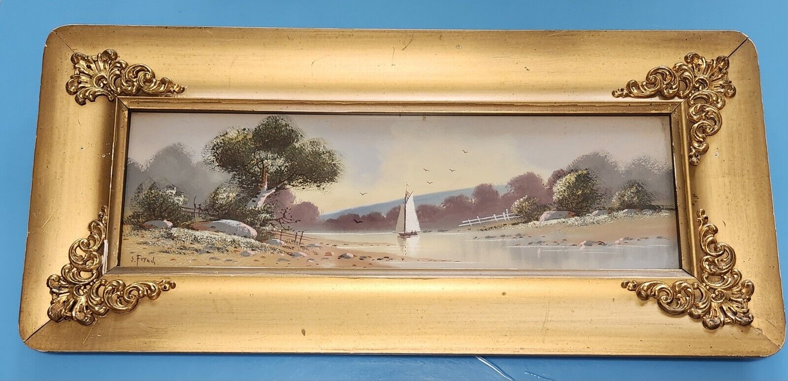 1900's Antique Miniature Framed Watercolor Lake Landscape - Signed