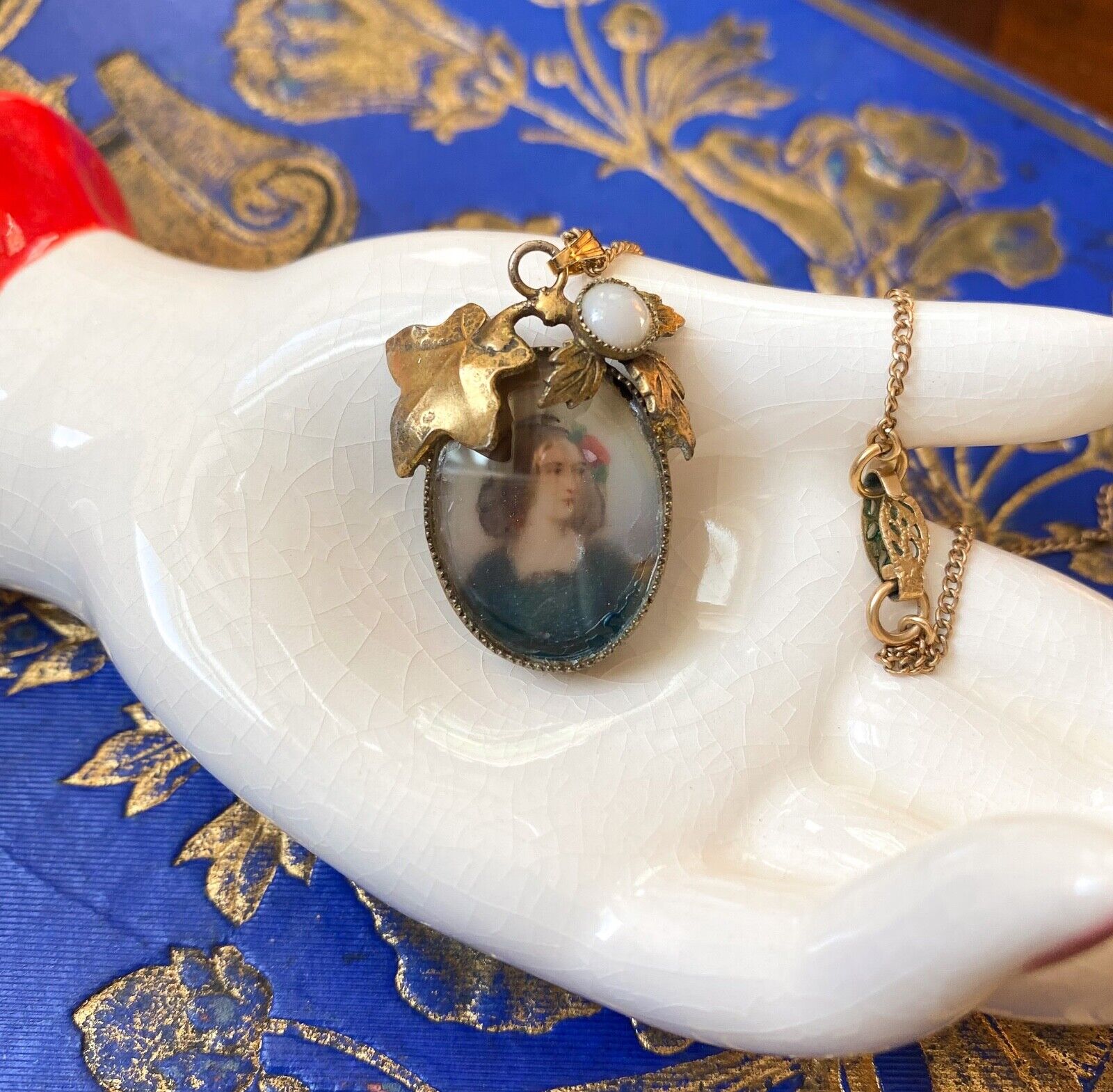 1900s Miniature Hand Painted Portrait Pendant Gold Necklace