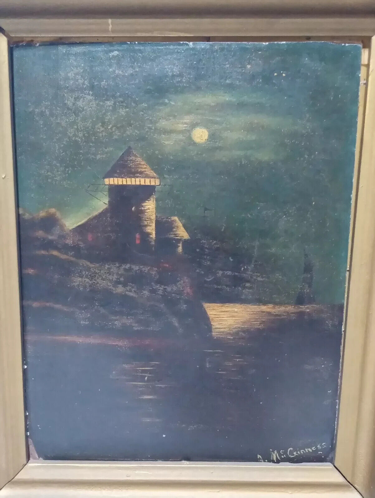 1800's Lighthouse Oil Painting McGuinness - 14x16