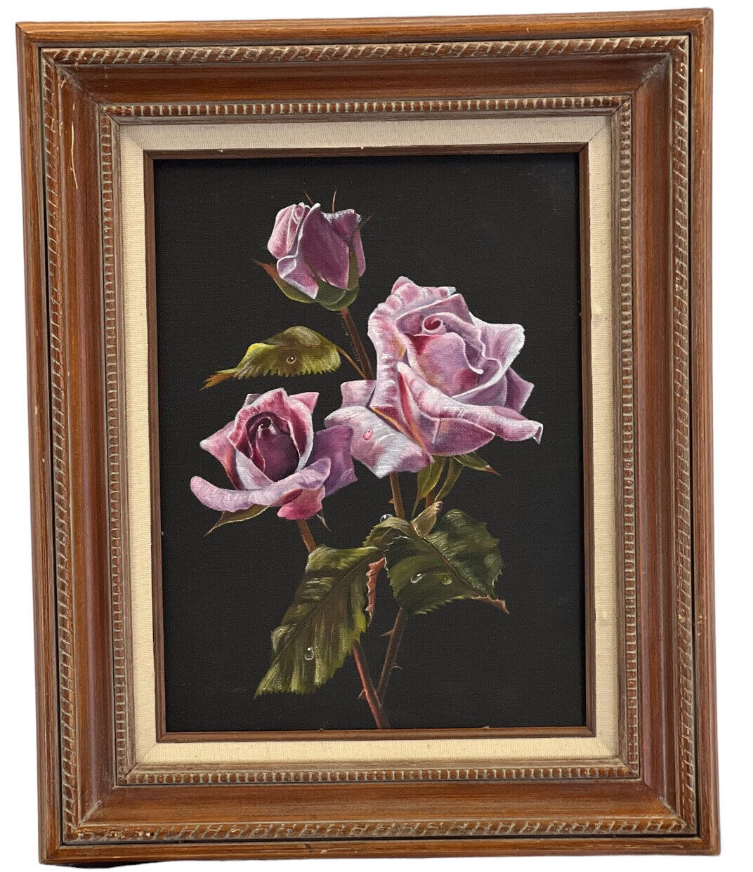 Antique Acrylic Framed Purple Roses 13”x 17” Wood
