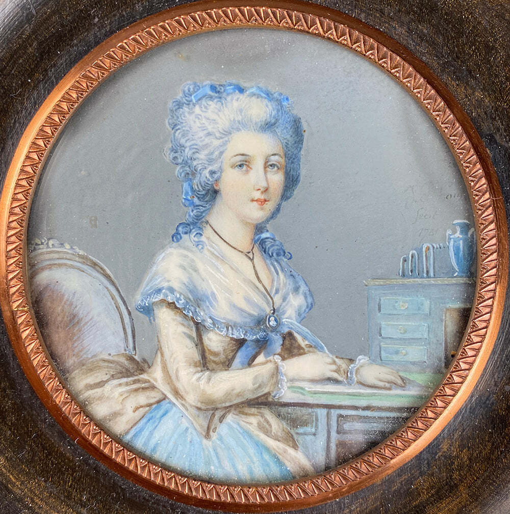 18th Century Antique Portrait Miniature of Woman at Desk