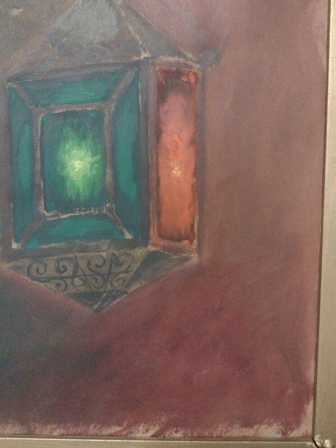 1900's Oil Painting of Stained Glass Lantern in Antique Frame