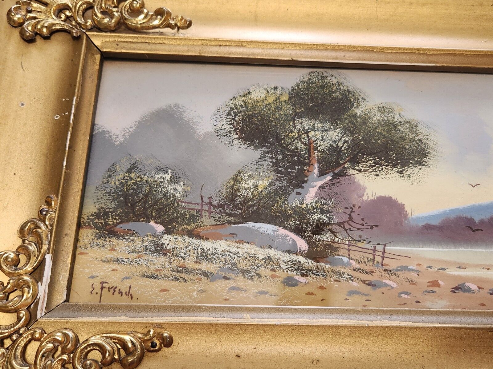1900's Antique Miniature Framed Watercolor Lake Landscape - Signed