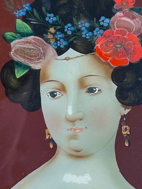 European Woman Reverse-Painting on Glass from the 1800s