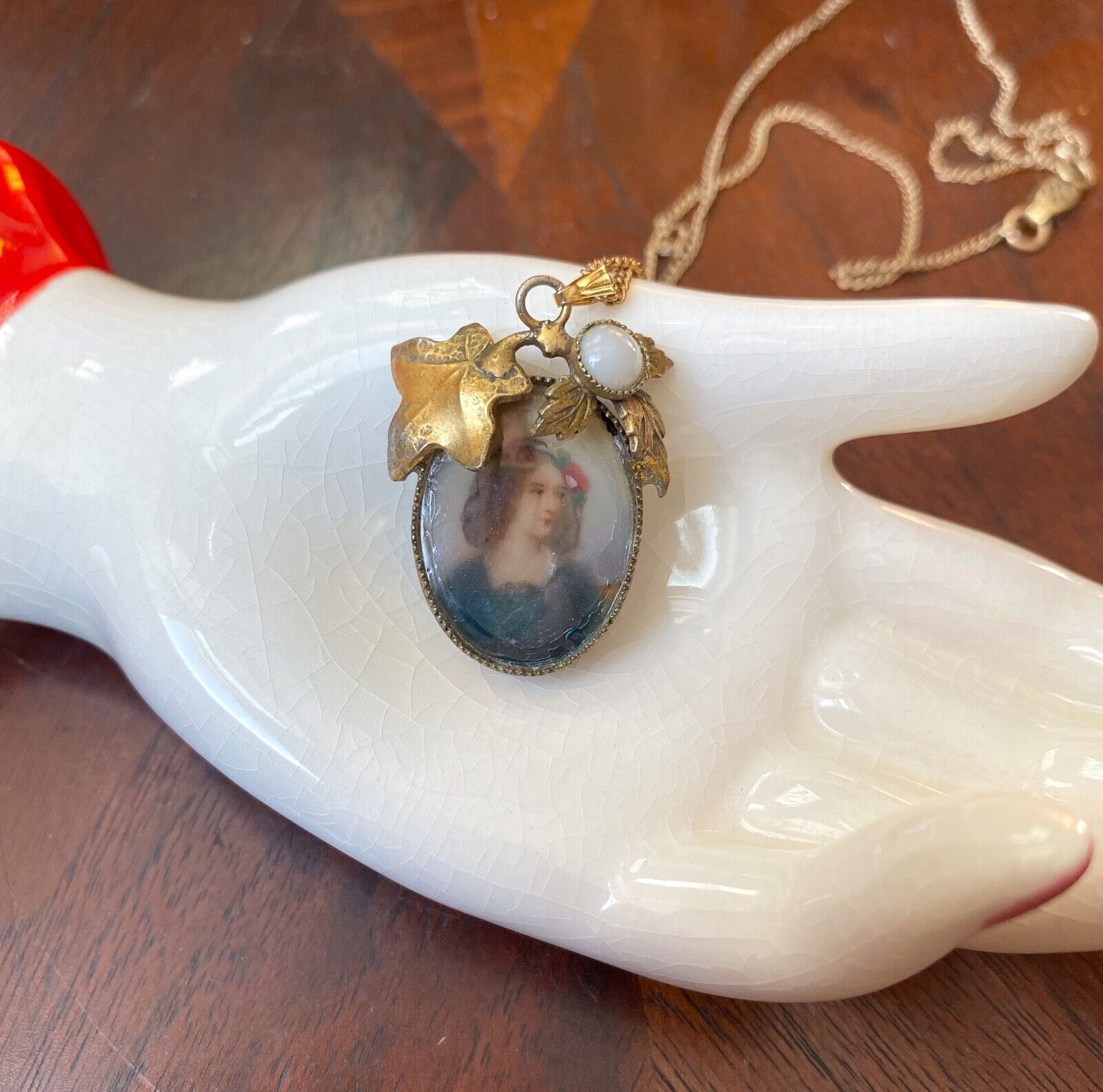 1900s Miniature Hand Painted Portrait Pendant Gold Necklace