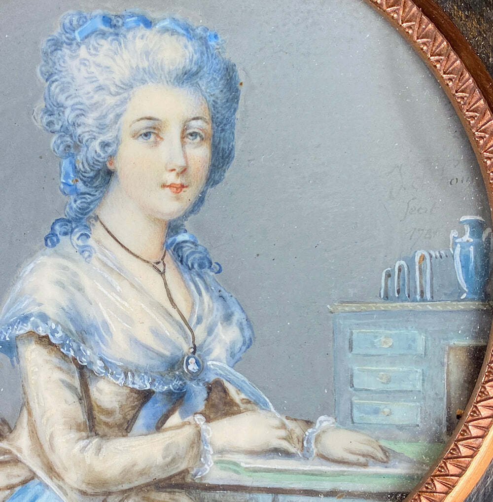 18th Century Antique Portrait Miniature of Woman at Desk