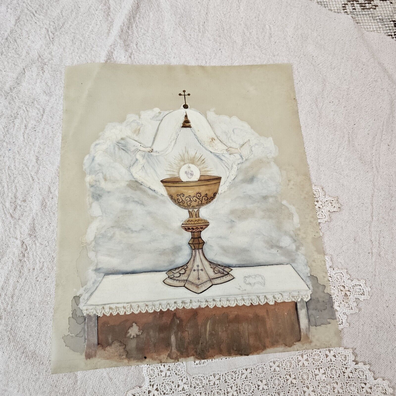 1900's Antique Christian Catholic Chalice Painting on Vellum