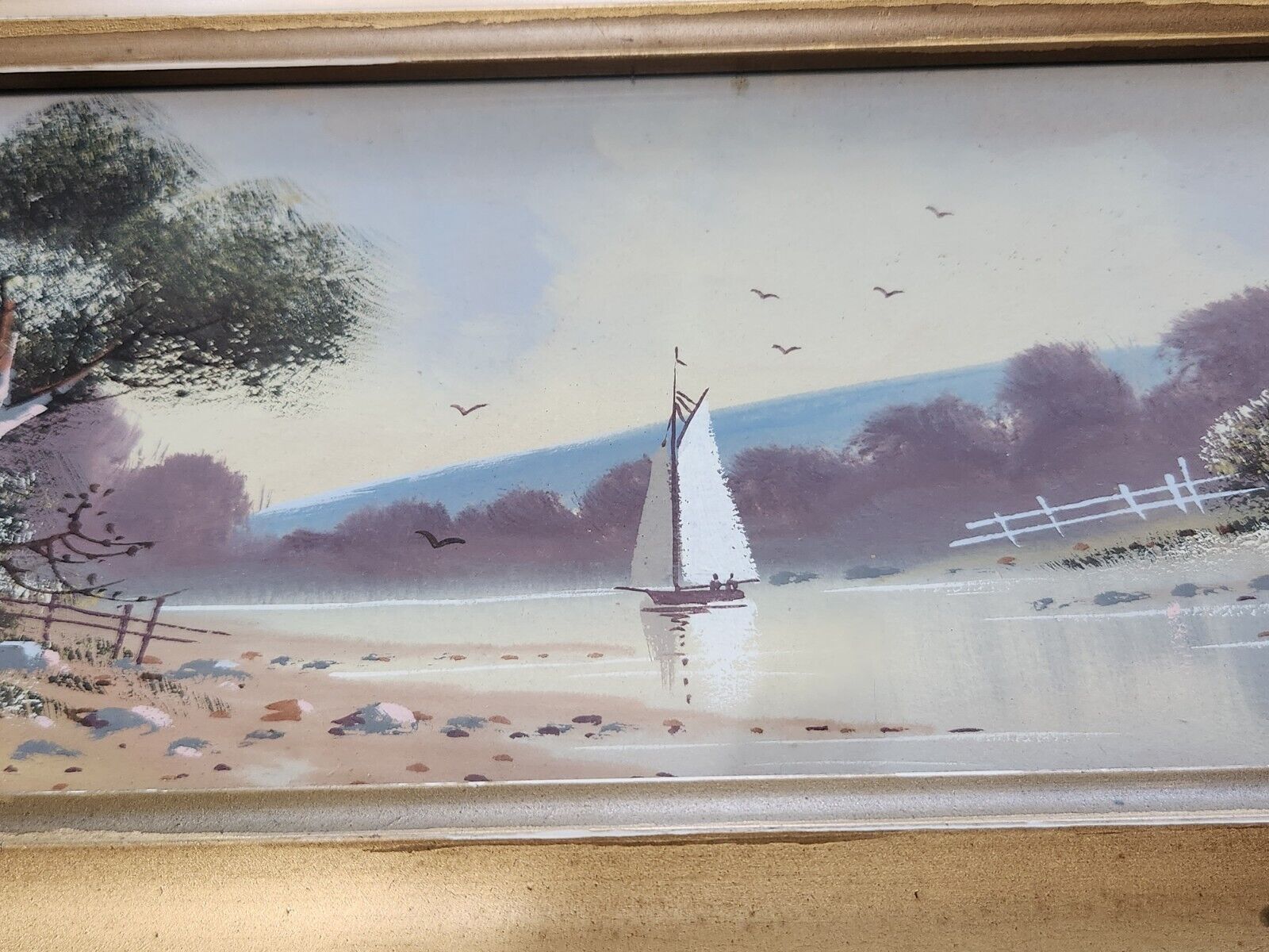 1900's Antique Miniature Framed Watercolor Lake Landscape - Signed