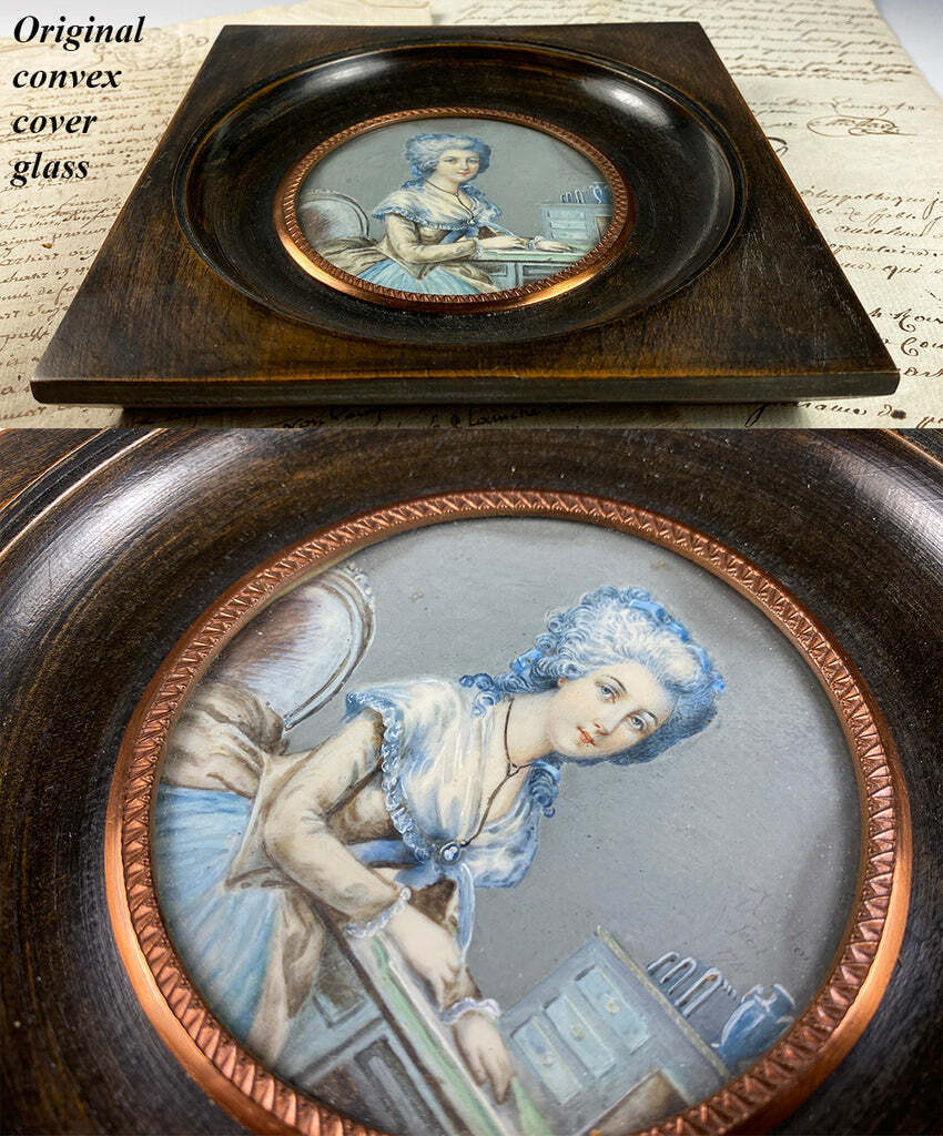 18th Century Antique Portrait Miniature of Woman at Desk