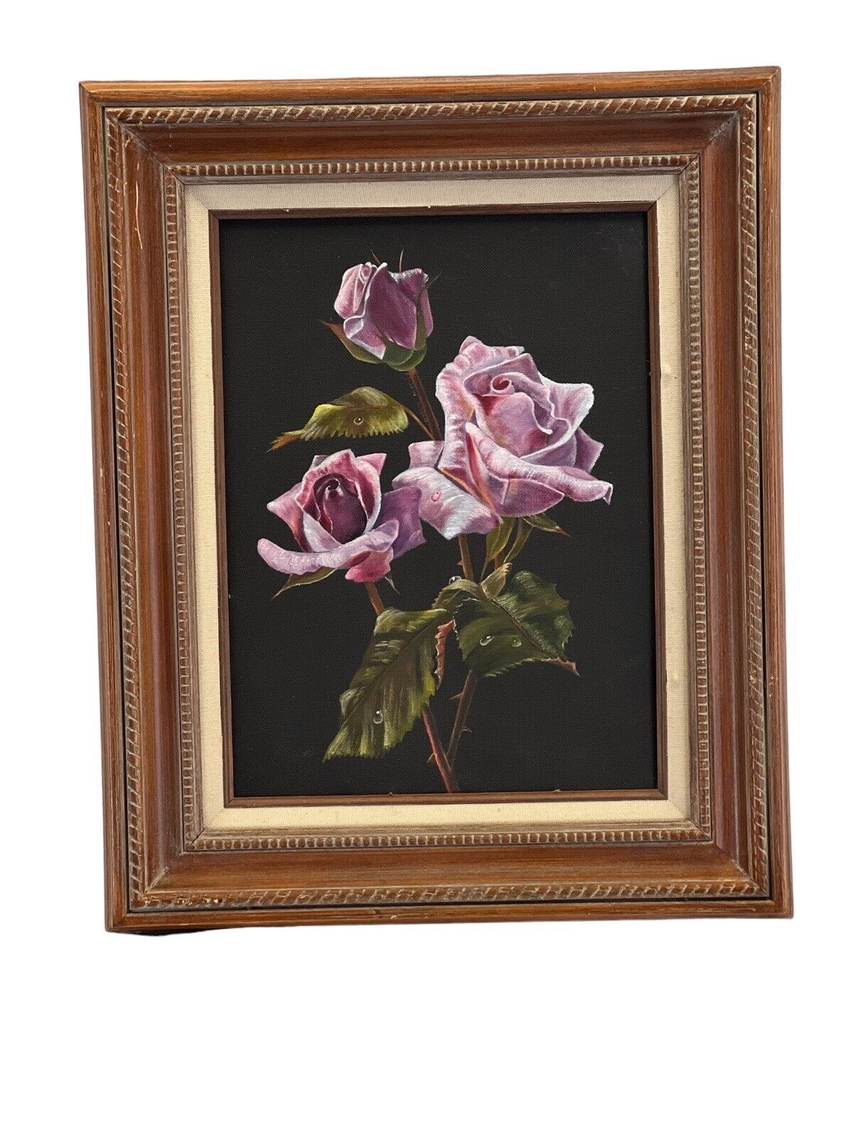 Antique Acrylic Framed Purple Roses 13”x 17” Wood