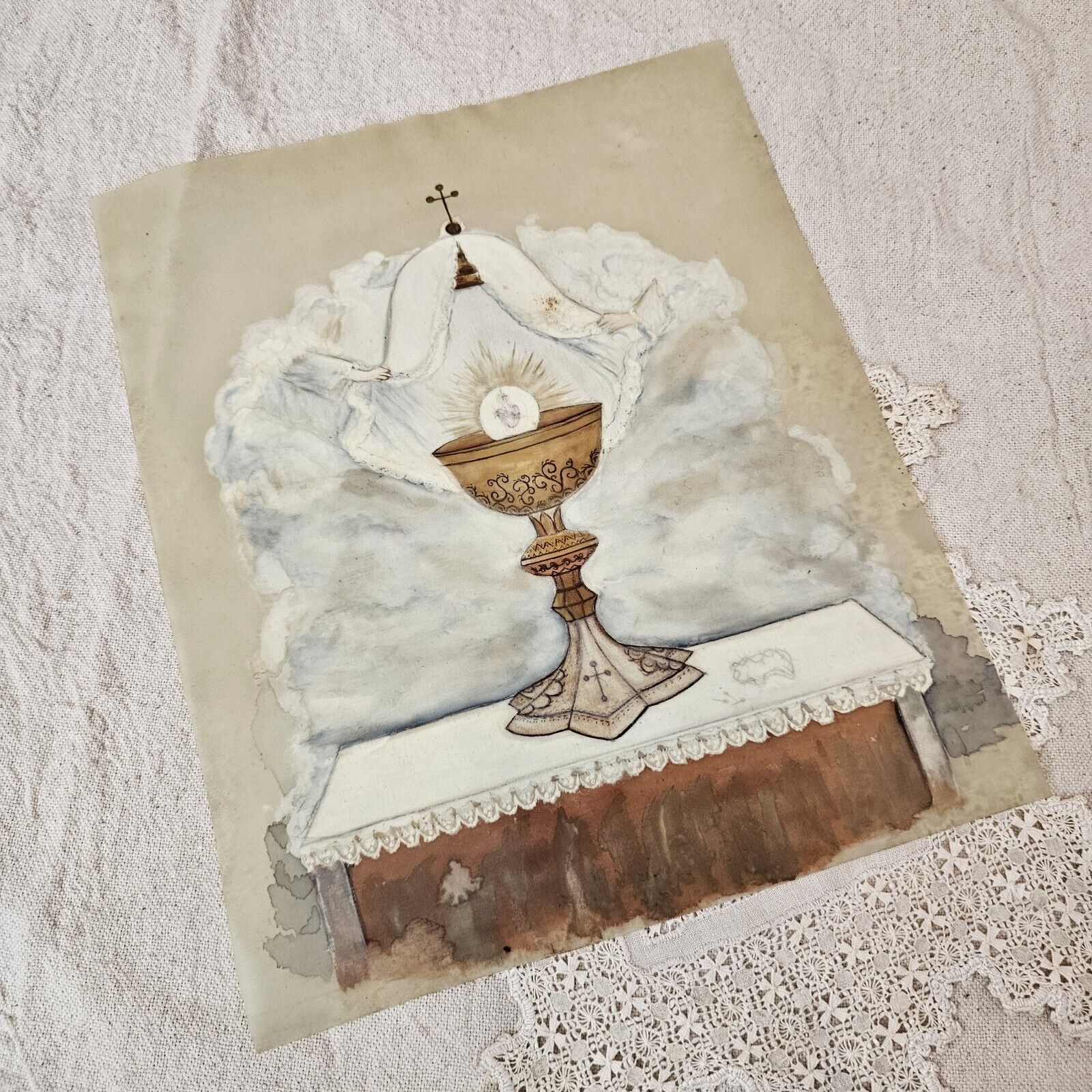 1900's Antique Christian Catholic Chalice Painting on Vellum