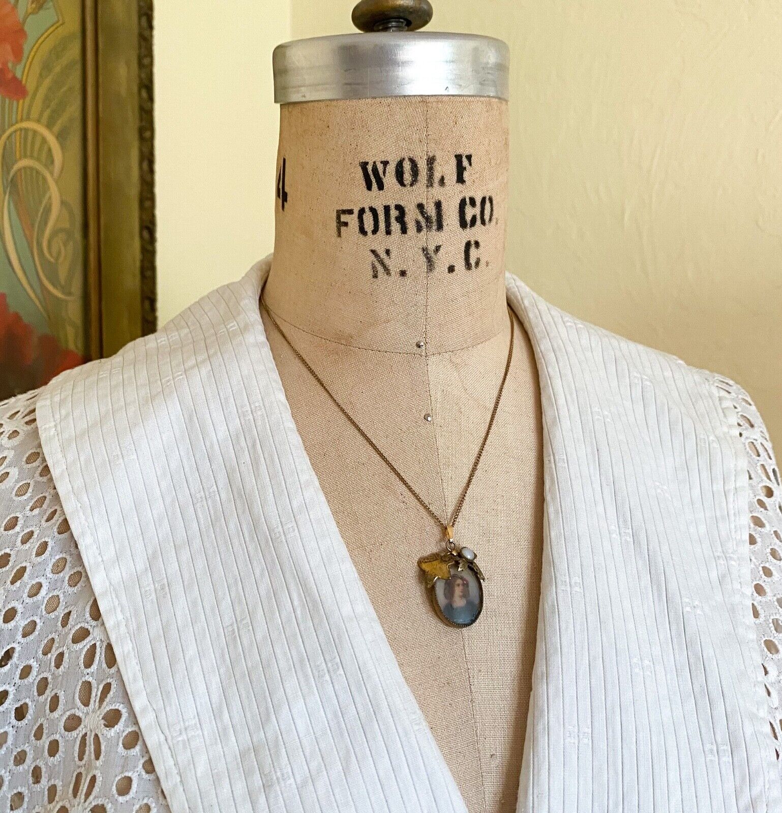 1900s Miniature Hand Painted Portrait Pendant Gold Necklace