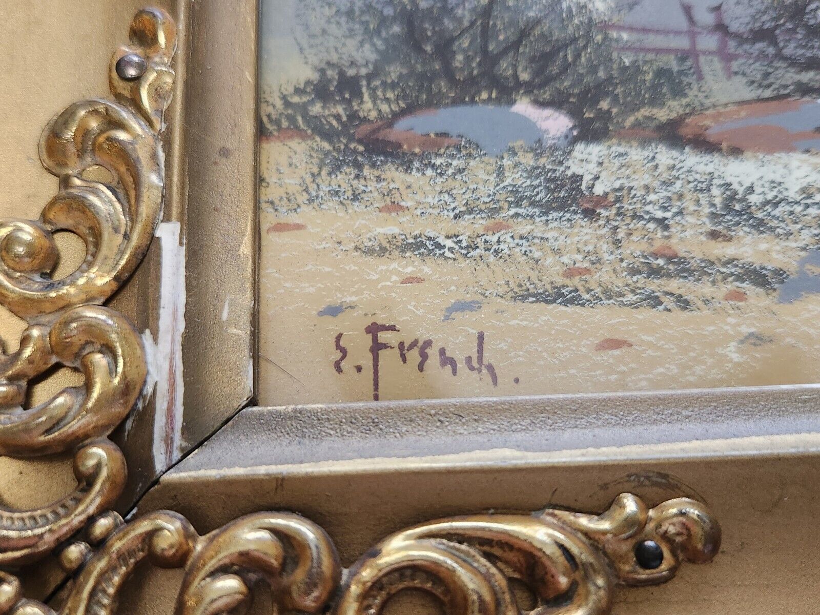 1900's Antique Miniature Framed Watercolor Lake Landscape - Signed
