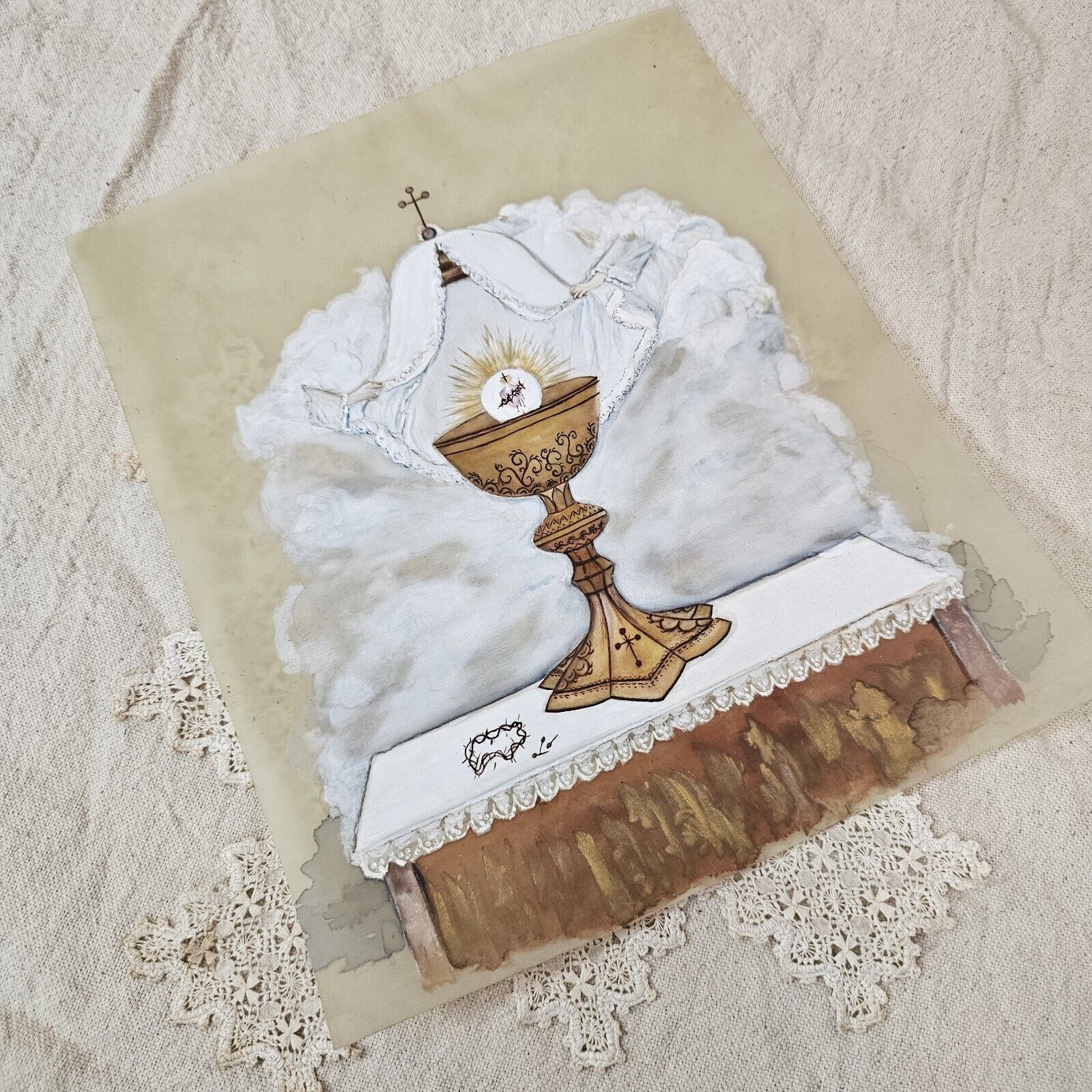 1900's Antique Christian Catholic Chalice Painting on Vellum