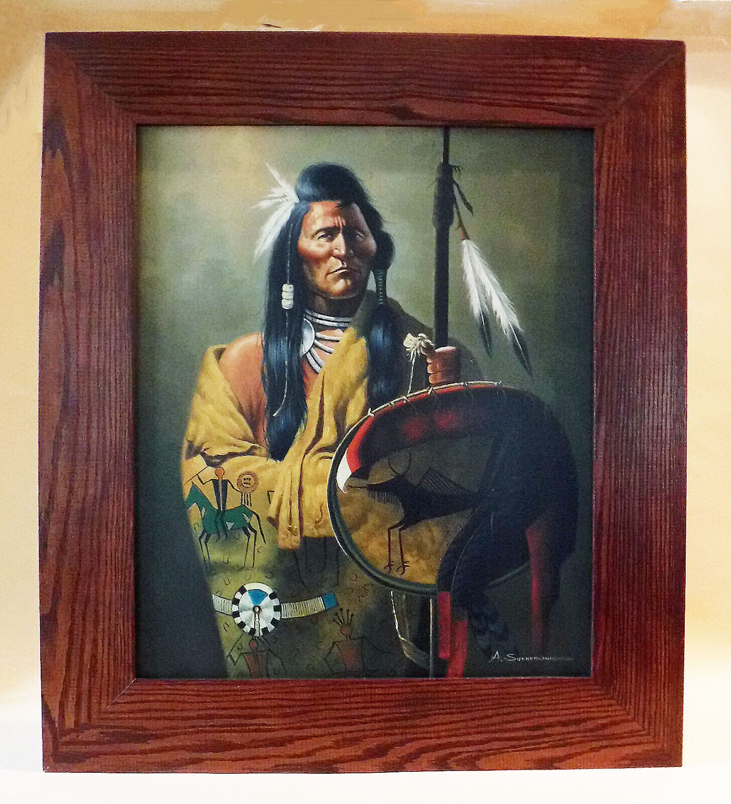 Vintage Alan Sutherland Indian Warrior Shield/Spear Portrait Oak Frame