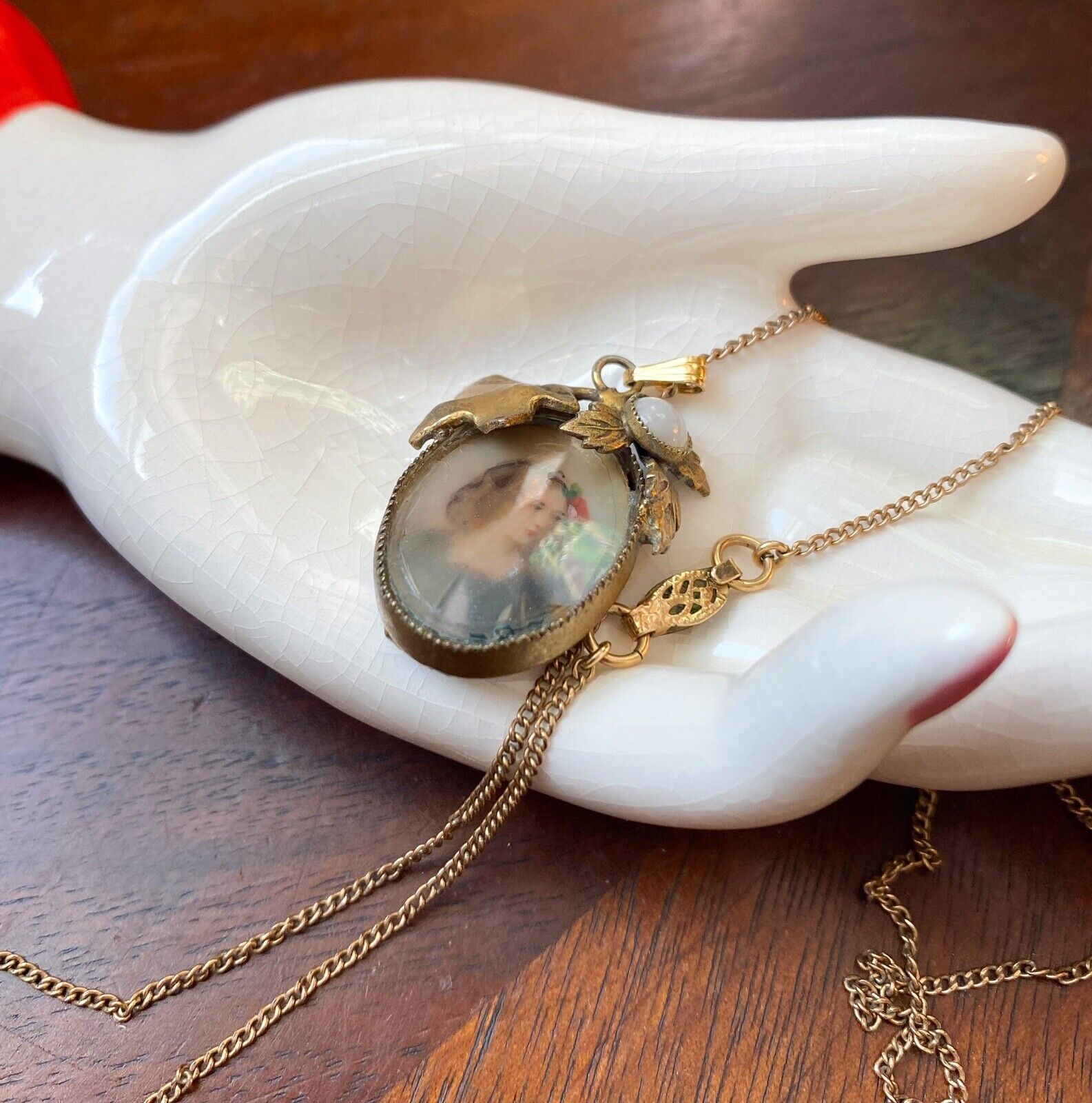 1900s Miniature Hand Painted Portrait Pendant Gold Necklace
