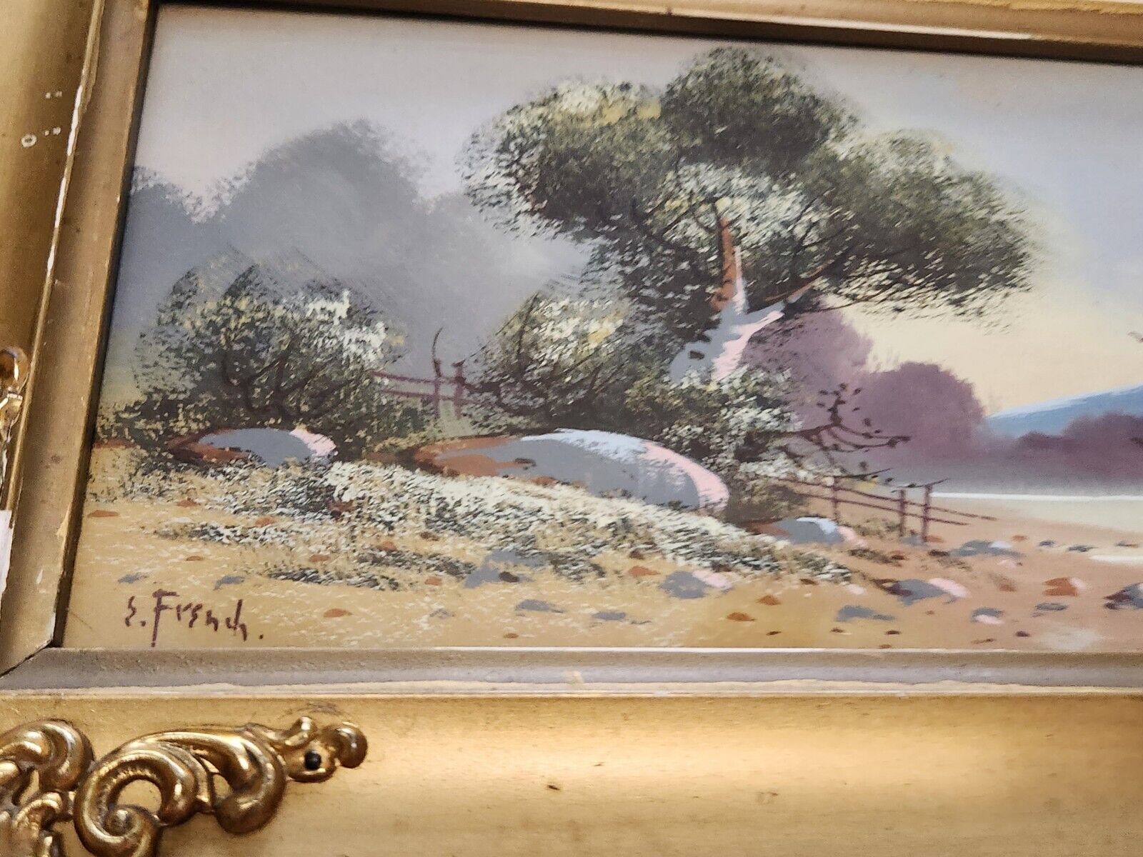 1900's Antique Miniature Framed Watercolor Lake Landscape - Signed