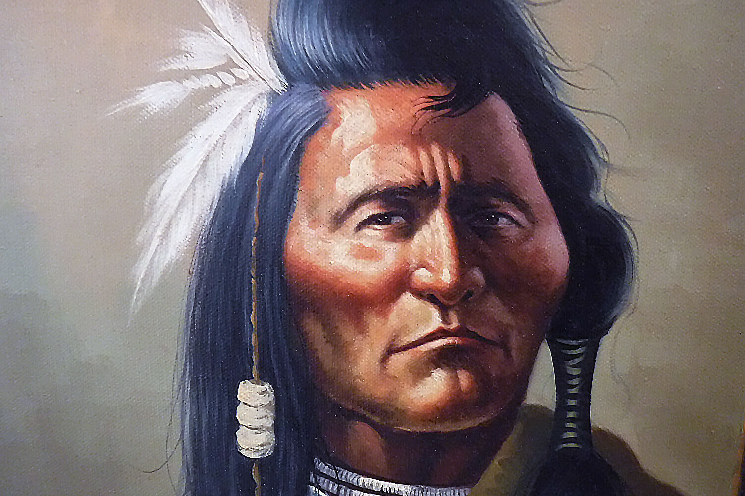 Vintage Alan Sutherland Indian Warrior Shield/Spear Portrait Oak Frame