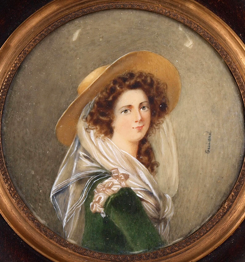1700s-1800s Portrait Miniature Painting: Young Beauty & Hat