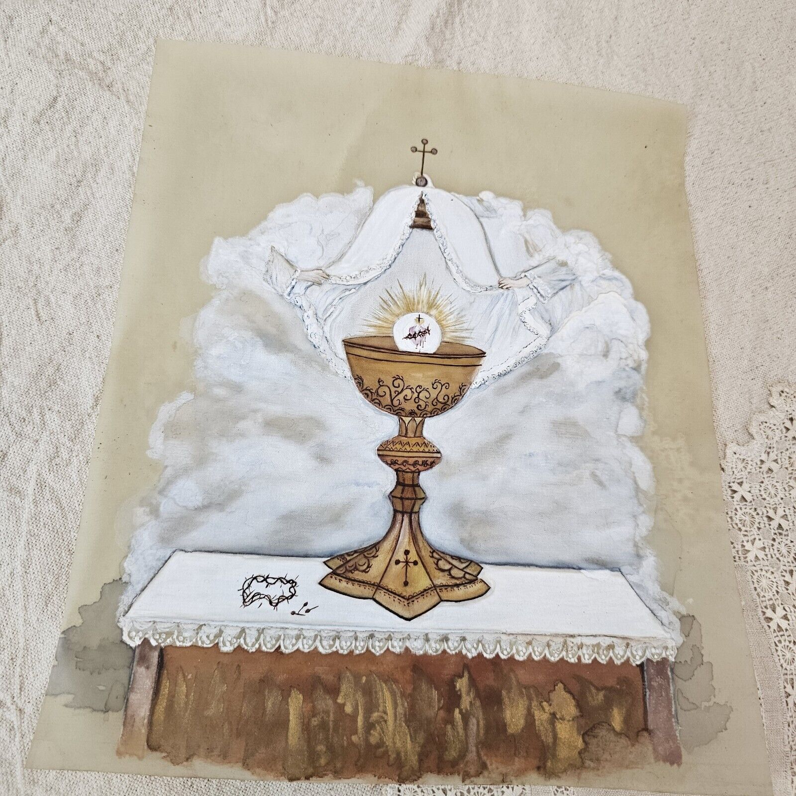 1900's Antique Christian Catholic Chalice Painting on Vellum