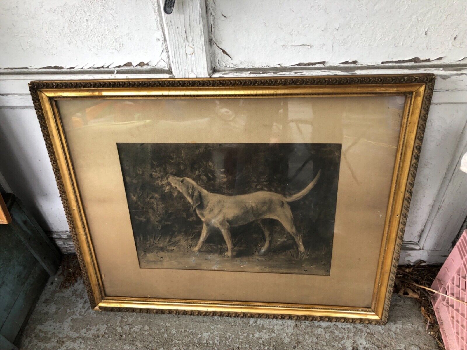 1800's Dog Painting in Original Frame - Large