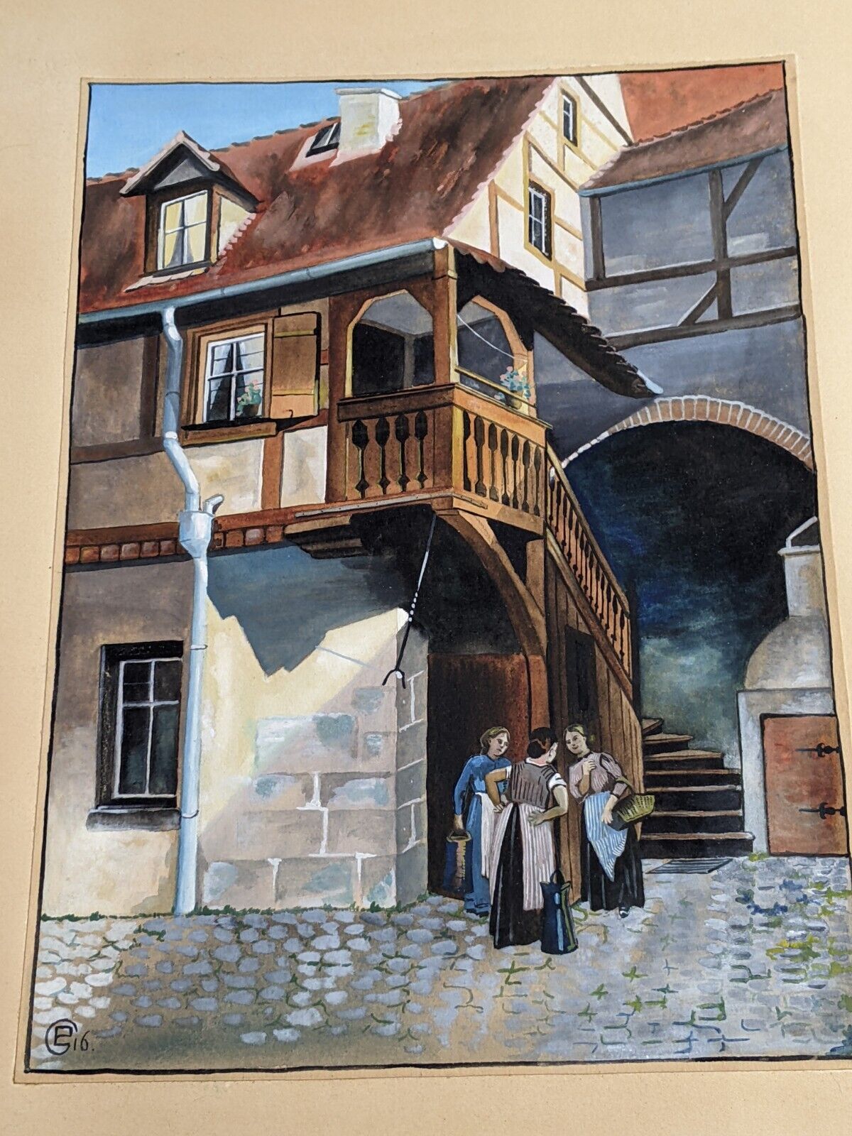 German Watercolor Painting: Ladies in Alley, Early 1900s