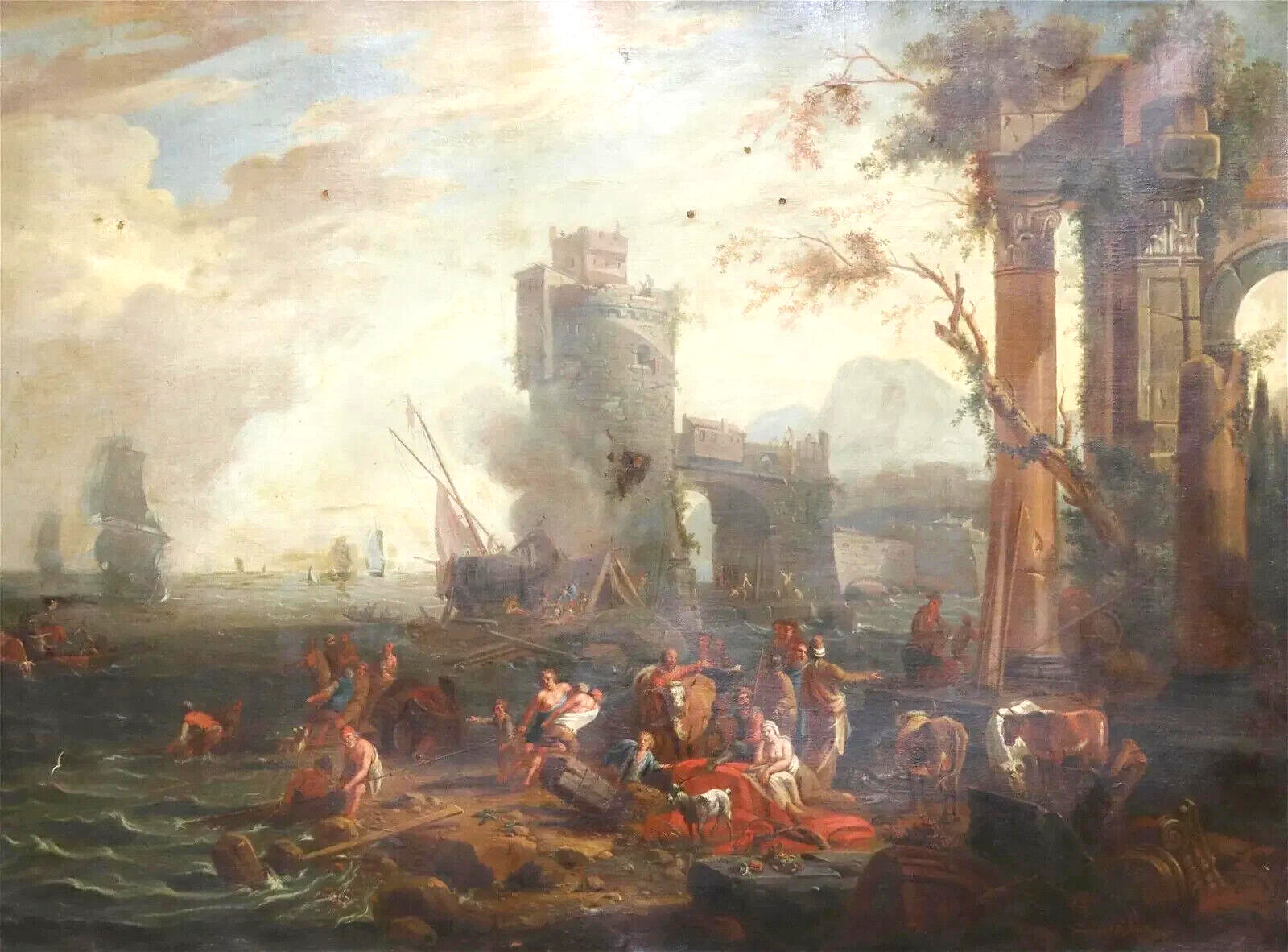 18th C Antique Oil Painting "Capriccio Of A Harbor