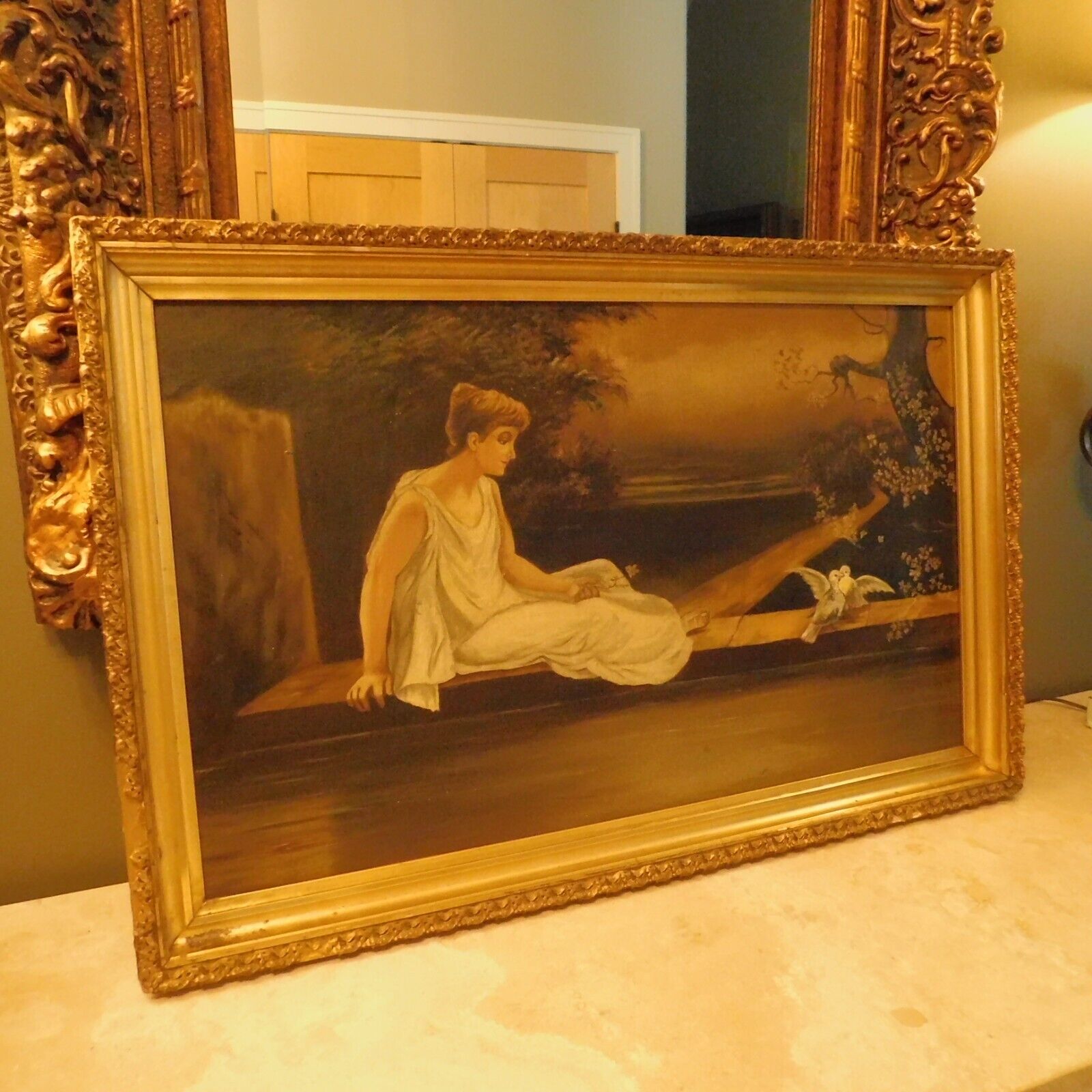 1800s Antique Oil Painting: Roman Greek Woman, Love Birds
