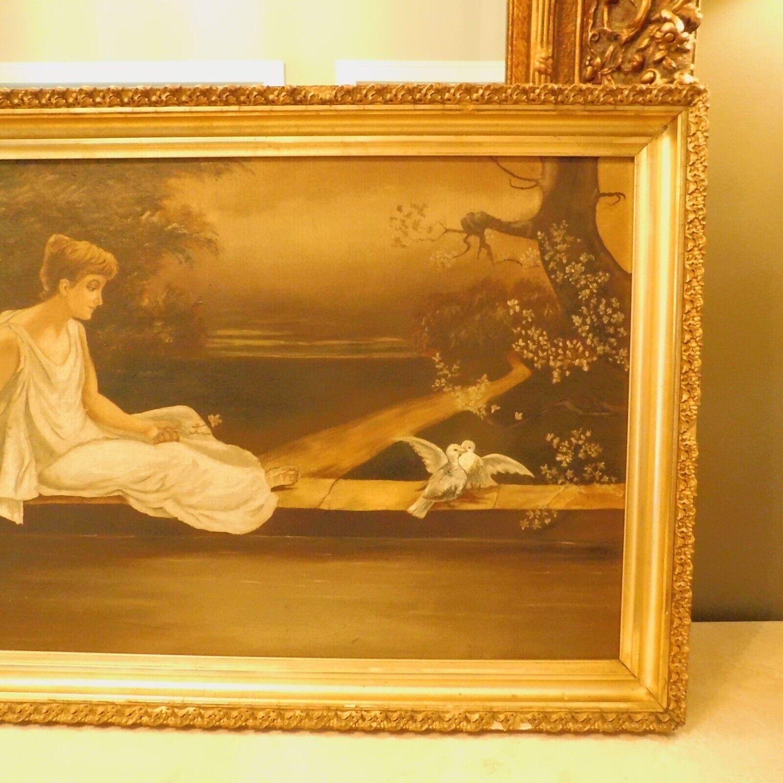 1800s Antique Oil Painting: Roman Greek Woman, Love Birds
