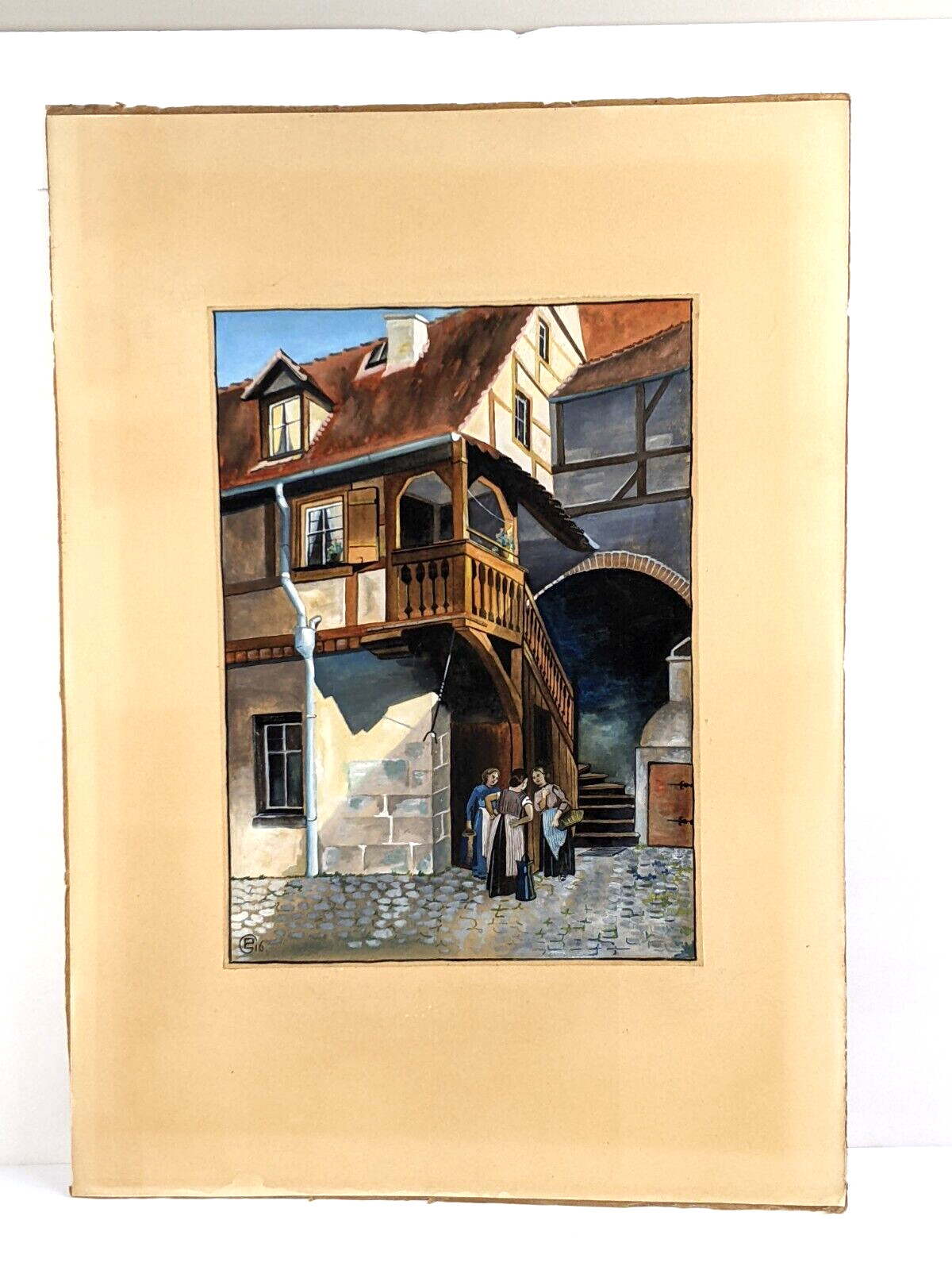 German Watercolor Painting: Ladies in Alley, Early 1900s