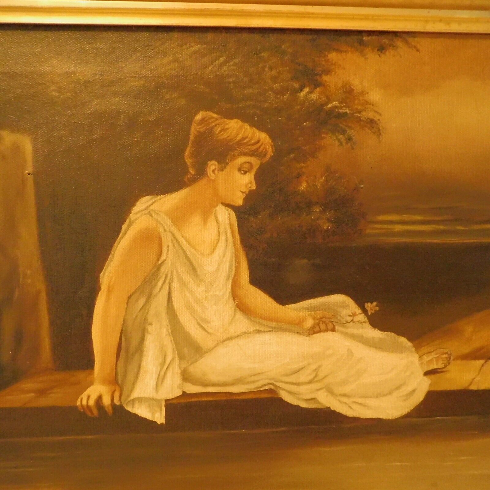 1800s Antique Oil Painting: Roman Greek Woman, Love Birds