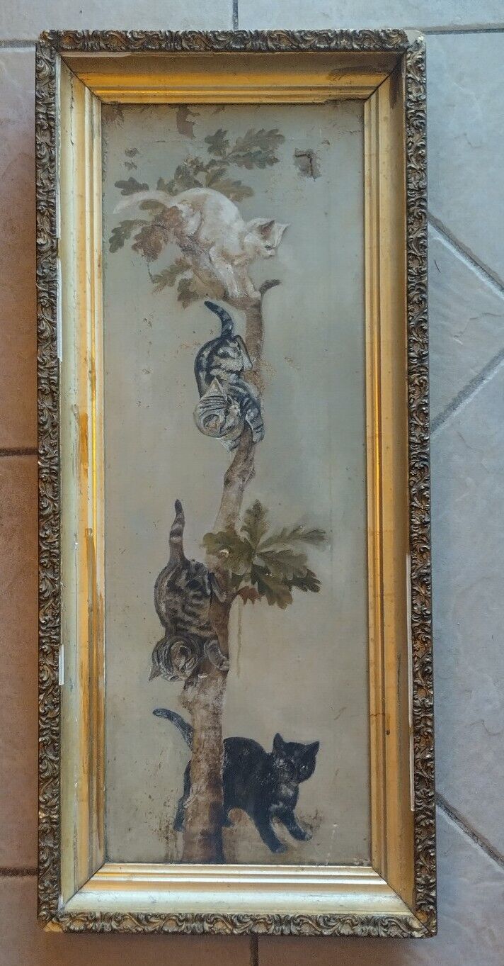 1800s Primitive American Folk Art Cat Kittens Painting