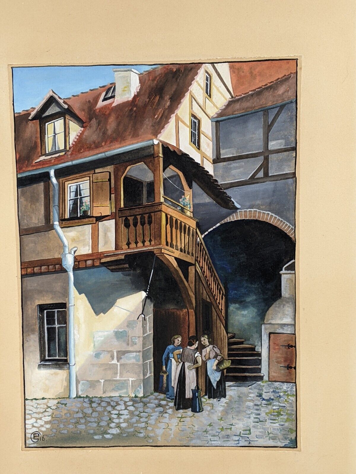 German Watercolor Painting: Ladies in Alley, Early 1900s