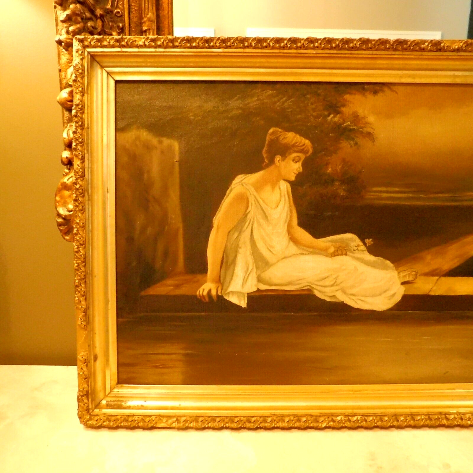1800s Antique Oil Painting: Roman Greek Woman, Love Birds